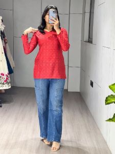 Ladies Red Full Sleeve Floral Printed Cambric Cotton Short Kurti
