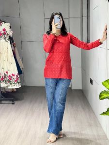 Ladies Red Full Sleeve Floral Printed Cambric Cotton Short Kurti