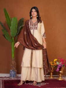 Ladies Roman Silk Embroidery Palazzo Suit