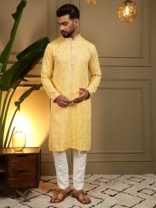 Light Yellow Heavy Khadi Cotton Embroidered Kurta Pyjama
