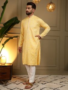 Light Yellow Heavy Khadi Cotton Embroidered Kurta Pyjama