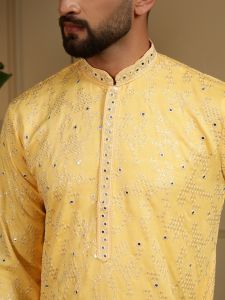 Light Yellow Heavy Khadi Cotton Embroidered Kurta Pyjama