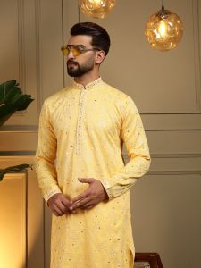 Light Yellow Heavy Khadi Cotton Embroidered Kurta Pyjama
