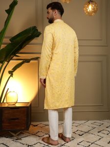 Light Yellow Heavy Khadi Cotton Embroidered Kurta Pyjama
