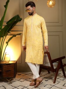 Light Yellow Heavy Khadi Cotton Embroidered Kurta Pyjama