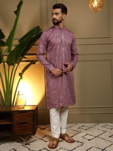Purple Heavy Khadi Cotton Embroidered Kurta Pyjama