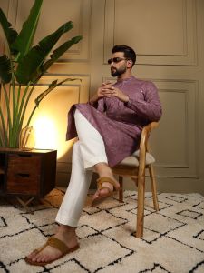 Purple Heavy Khadi Cotton Embroidered Kurta Pyjama