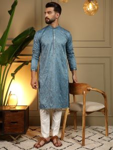 Teal Blue Heavy Khadi Cotton Embroidered Kurta Pyjama