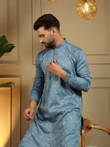 Teal Blue Heavy Khadi Cotton Embroidered Kurta Pyjama