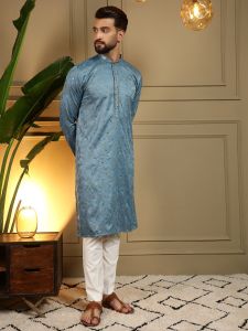 Teal Blue Heavy Khadi Cotton Embroidered Kurta Pyjama