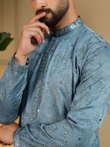 Teal Blue Heavy Khadi Cotton Embroidered Kurta Pyjama