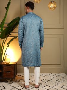 Teal Blue Heavy Khadi Cotton Embroidered Kurta Pyjama