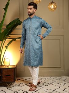 Teal Blue Heavy Khadi Cotton Embroidered Kurta Pyjama