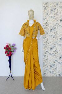 Yellow Embroidery Sequence Work Heavy Crepe Silk Saree with Lace Border