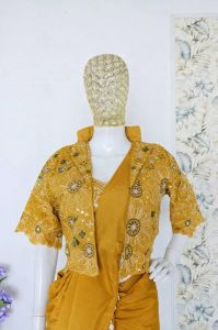 Yellow Embroidery Sequence Work Heavy Crepe Silk Saree with Lace Border