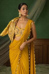 Yellow Embroidery Sequence Work Heavy Crepe Silk Saree with Lace Border