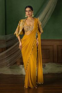 Yellow Embroidery Sequence Work Heavy Crepe Silk Saree with Lace Border