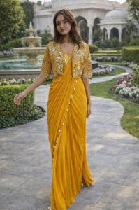Yellow Embroidery Sequence Work Heavy Crepe Silk Saree with Lace Border