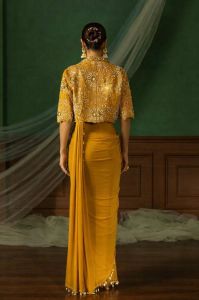Yellow Embroidery Sequence Work Heavy Crepe Silk Saree with Lace Border