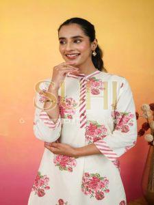 Gul Noor White and Pink Floral Printed Cotton Kurti Set