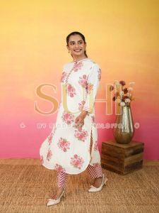 Gul Noor White and Pink Floral Printed Cotton Kurti Set