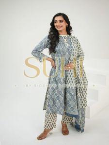 Ladies Blue and White Printed Cotton Kurti Pant Set with Dupatta