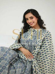 Ladies Blue and White Printed Cotton Kurti Pant Set with Dupatta