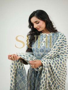 Ladies Blue and White Printed Cotton Kurti Pant Set with Dupatta