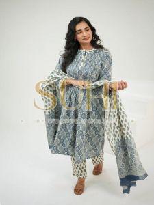 Ladies Blue and White Printed Cotton Kurti Pant Set with Dupatta