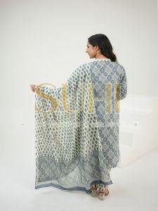 Ladies Blue and White Printed Cotton Kurti Pant Set with Dupatta