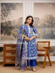 Ladies Blue Chanderi Block Print Kurti Set with Dupatta