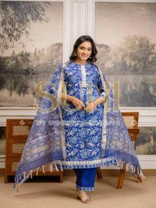 Ladies Blue Chanderi Block Print Kurti Set with Dupatta