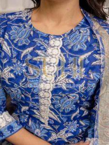 Ladies Blue Chanderi Block Print Kurti Set with Dupatta