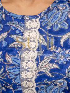 Ladies Blue Chanderi Block Print Kurti Set with Dupatta