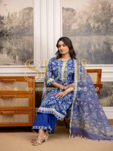Ladies Blue Chanderi Block Print Kurti Set with Dupatta