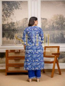 Ladies Blue Chanderi Block Print Kurti Set with Dupatta