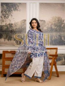 Ladies Blue Phulkari Cotton Flex Printed Kurti Set with Dupatta