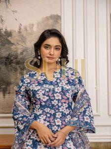 Ladies Blue Phulkari Cotton Flex Printed Kurti Set with Dupatta