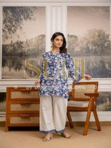 Ladies Blue Phulkari Cotton Flex Printed Kurti Set with Dupatta