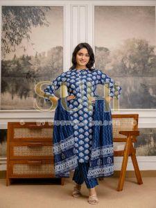 Ladies Indigo Blue Cotton Printed Kurti Set with Dupatta