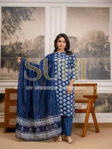 Ladies Indigo Blue Cotton Printed Kurti Set with Dupatta