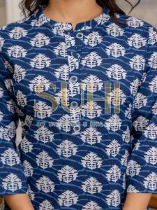 Ladies Indigo Blue Cotton Printed Kurti Set with Dupatta