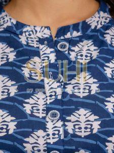 Ladies Indigo Blue Cotton Printed Kurti Set with Dupatta