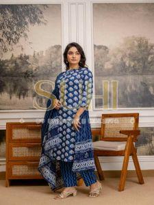 Ladies Indigo Blue Cotton Printed Kurti Set with Dupatta