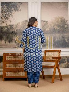 Ladies Indigo Blue Cotton Printed Kurti Set with Dupatta