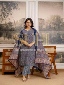 Ladies Indigo Blue Floral Printed Pure Cotton Kurti Set with Dupatta