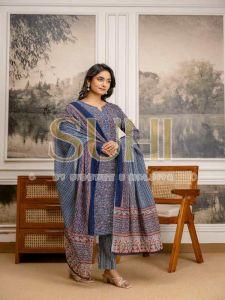 Ladies Indigo Blue Floral Printed Pure Cotton Kurti Set with Dupatta