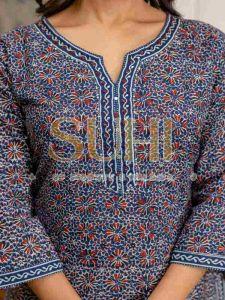 Ladies Indigo Blue Floral Printed Pure Cotton Kurti Set with Dupatta