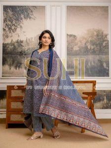 Ladies Indigo Blue Floral Printed Pure Cotton Kurti Set with Dupatta