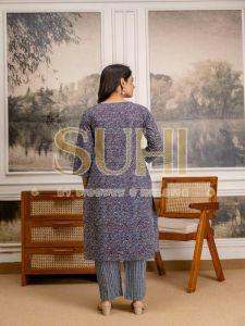Ladies Indigo Blue Floral Printed Pure Cotton Kurti Set with Dupatta